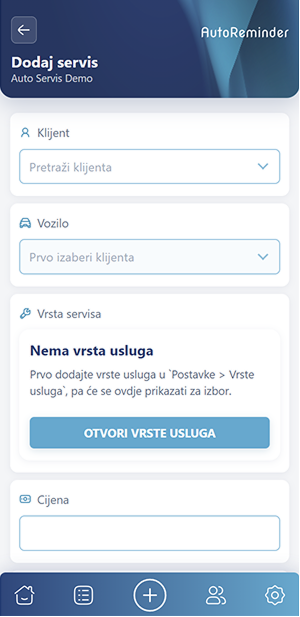 Ekran za dodavanje novog servisa sa izborom klijenta, vozila i vrste usluge