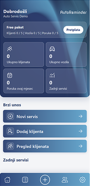Početni ekran AutoReminder aplikacije sa pregledom klijenata, vozila i poruka