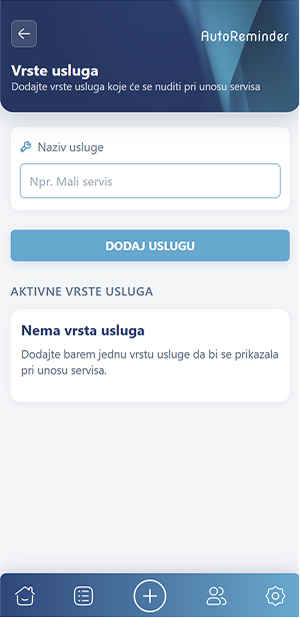 Ekran za upravljanje vrstama usluga koje se nude prilikom unosa servisa